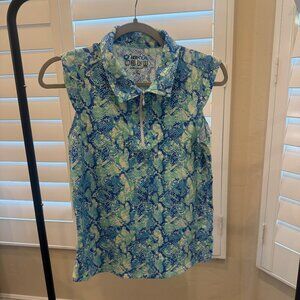 IBKUL Sleeveless Zip Polo Top Shirt Cora-Jade/Blue, Size M, EUC